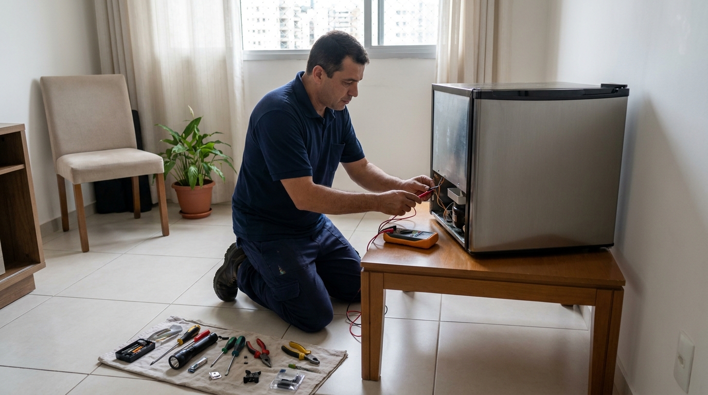 Técnico realizando manutenção de motor de frigobar em São Bernardo do Campo‑SP