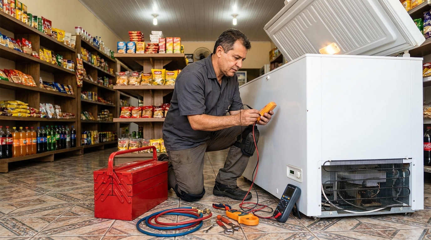 Recarga de gás refrigerante em freezer em atendimento em São Bernardo do Campo‑SP